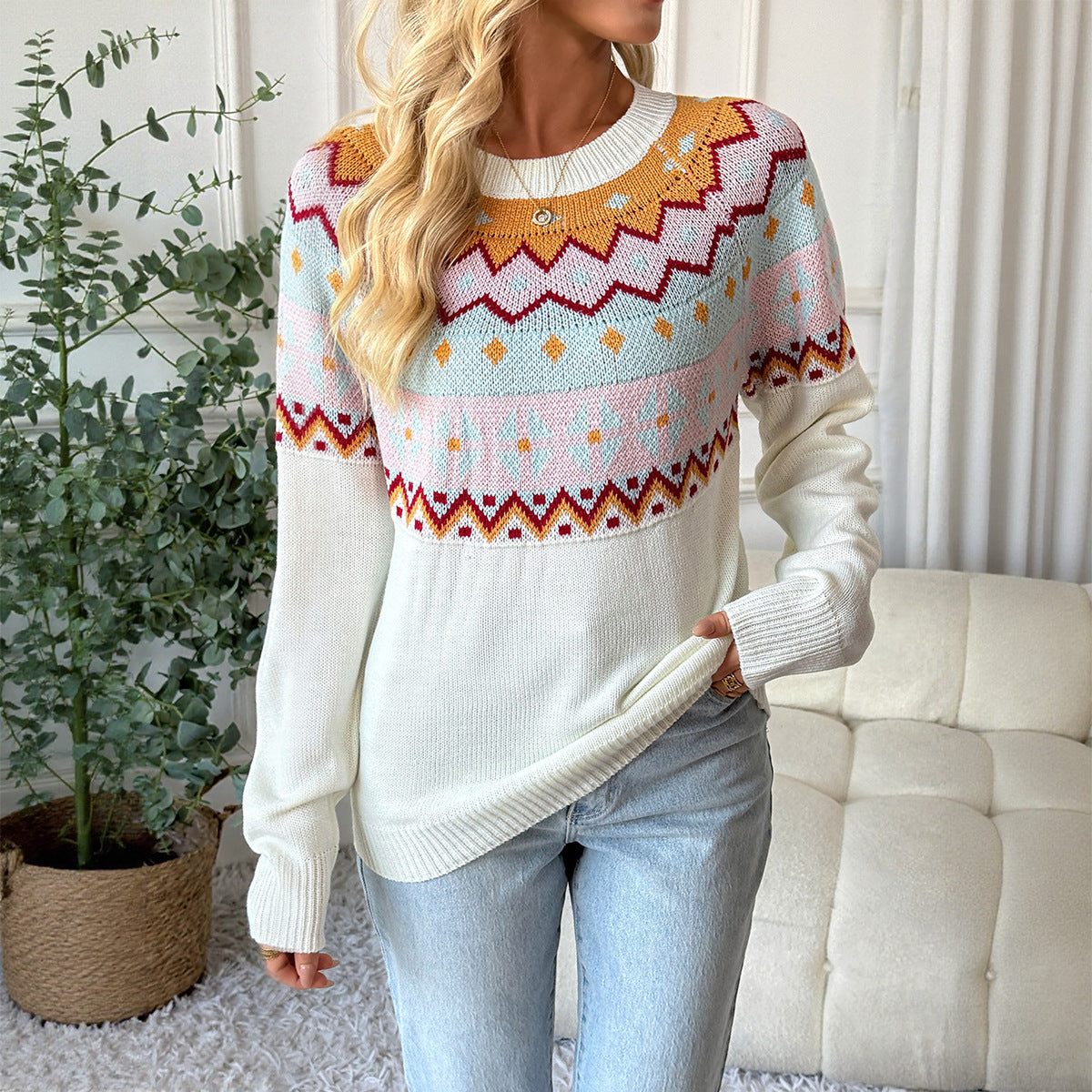 Damen Pullover Geometrisches Muster Rundhals