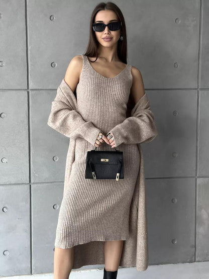Damen Strickkleid V-Ausschnitt Länges Schnitt