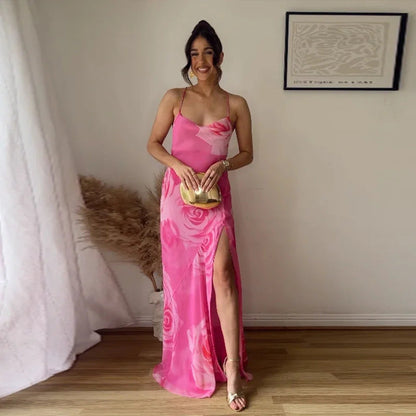 Damen Maxikleid mit Schlitz und Trägern Eveloria