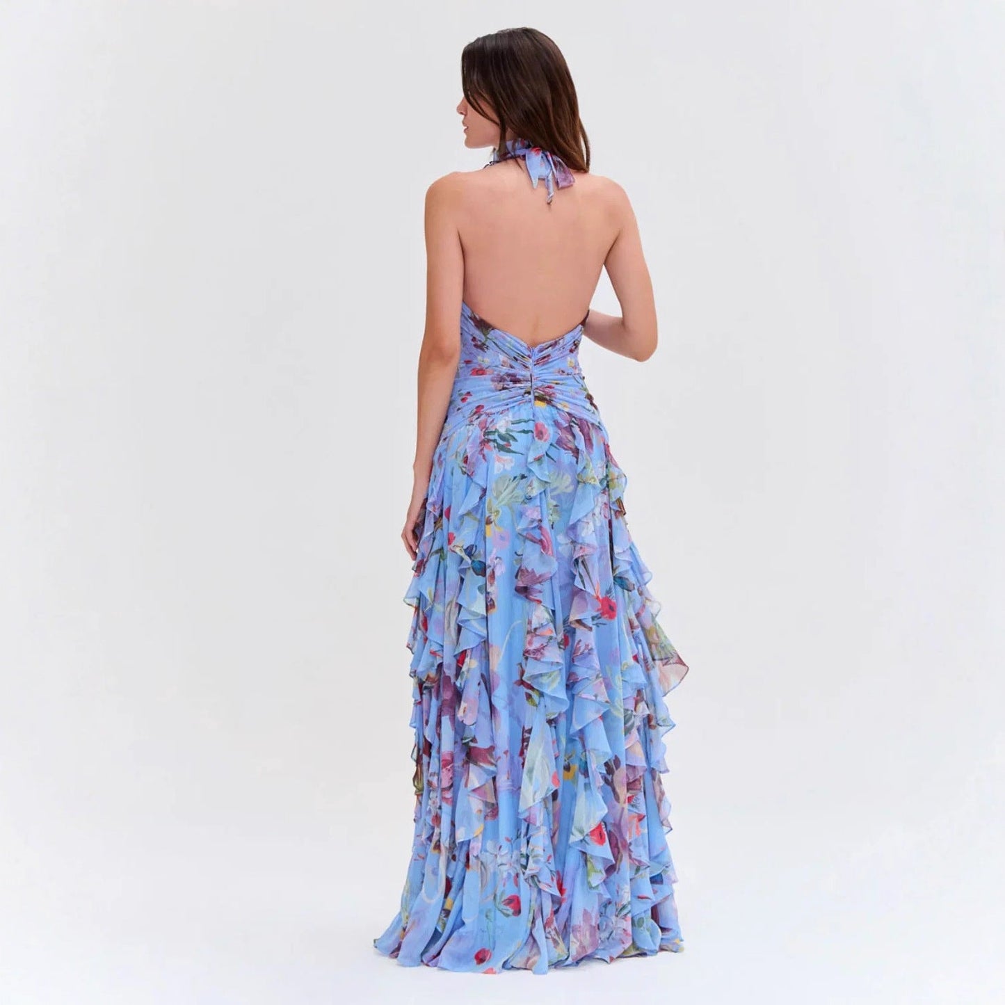 Damen Maxikleid Voluminöse Rüschen Florales Design