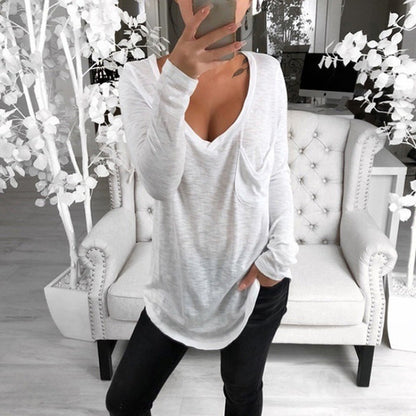 Damen Langarmshirt V-Ausschnitt Brusttasche Eveloria