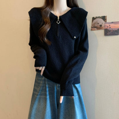 Damen Strickpullover Dekorativer Kragen Reißverschluss Eveloria