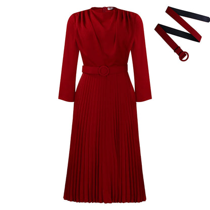 Damen Plisseekleid mit Gürtel und Falten Elegantes Damenkleid