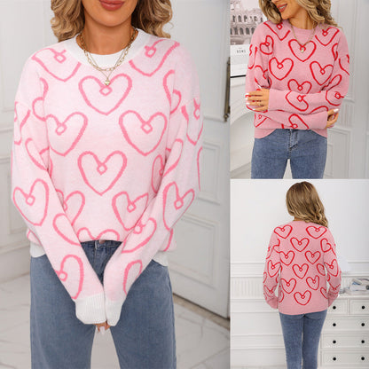 Damen Pullover Weiches Material Herzmuster Rosa - Eveloria