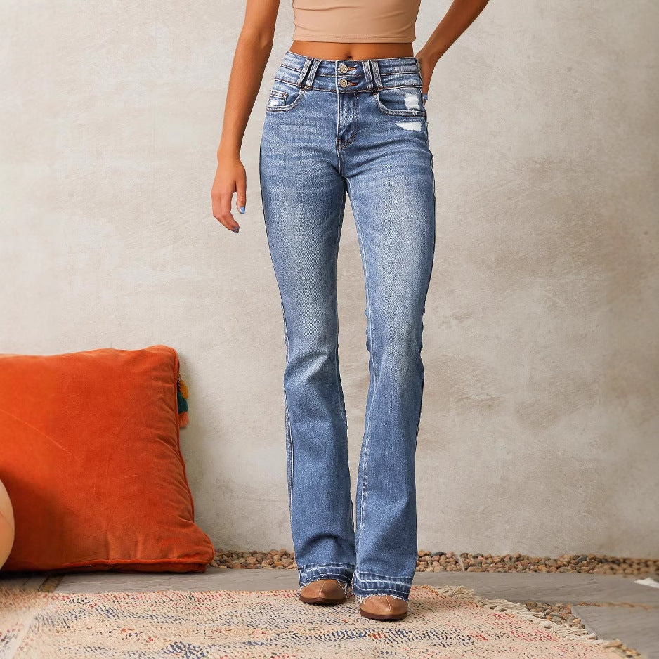 Damen Highwaist Bootcut Jeans Distressed Dunkelblau
