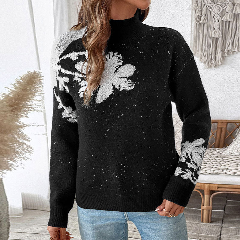 Damen Strickpullover Floral Design Hoher Kragen Eveloria