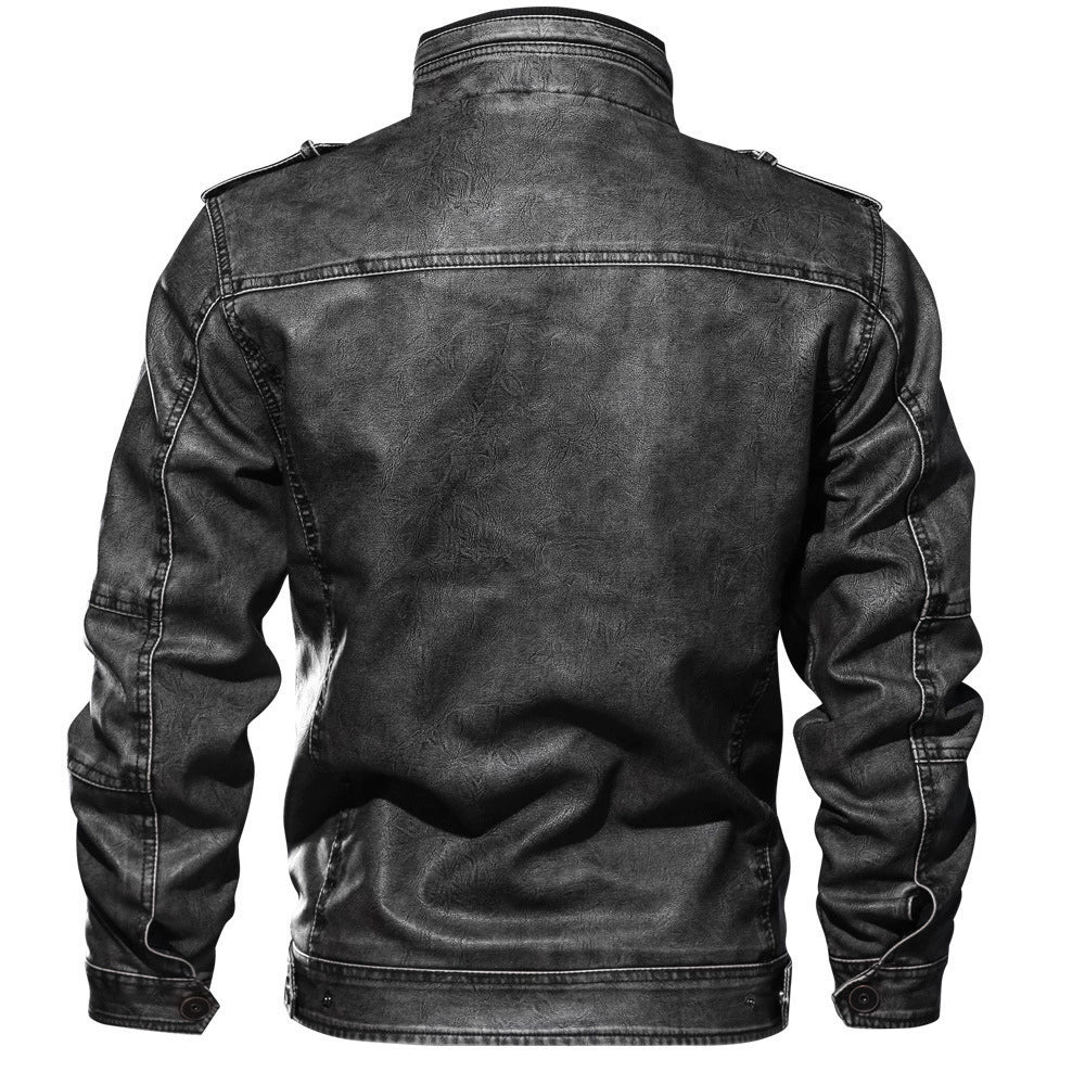 Herren Lederjacke Slim Fit Stehkragen Reißverschluss Multi-Taschen