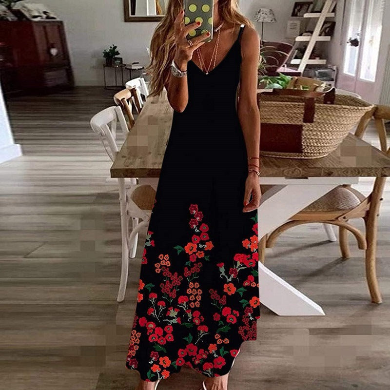 Damen Maxikleid Baumwolle Blumenprint V-Ausschnitt