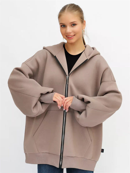 Damen Oversized Kapuzenjacke Hoch Bündchen Reißverschluss Eveloria