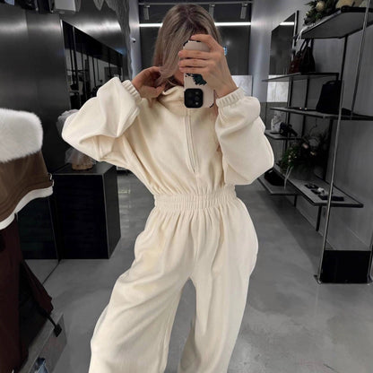 Damen Fleece-Jumpsuit Hochkragen Reißverschluss Schwarz Eveloria - Eveloria