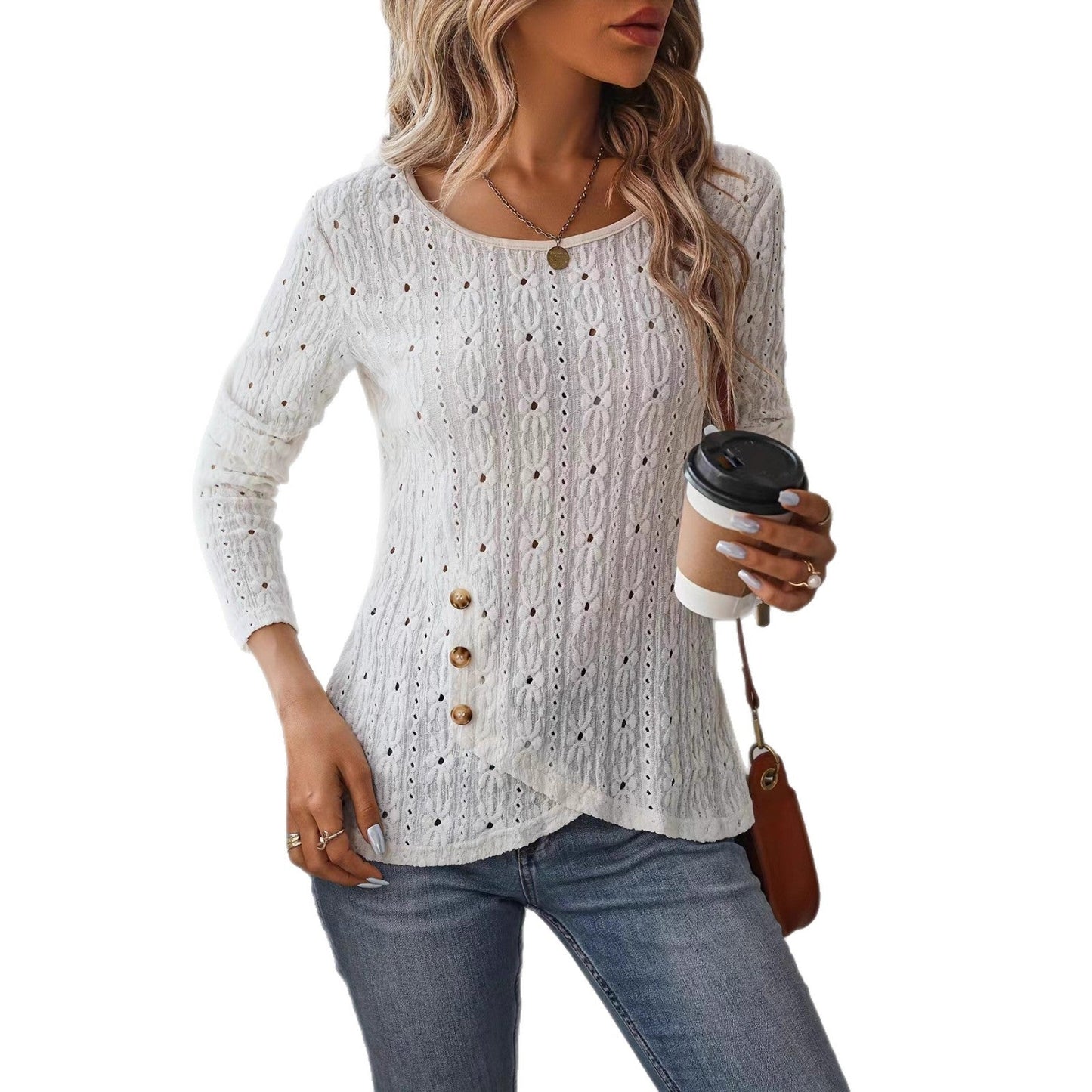 Damen Langarmshirt Dekorative Knöpfe Struktur Eveloria