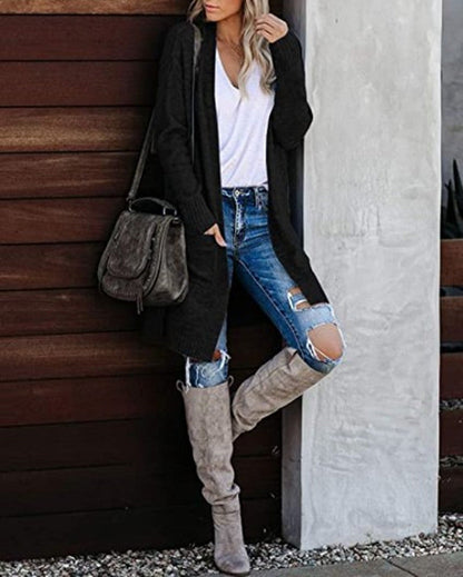 Damen Grobstrick Cardigan Lässig Mit Taschen Beige