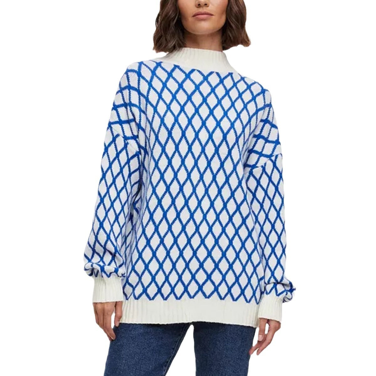 Damen Pullover Rautenmuster Merino-Wolle Moderner Schnitt Beige