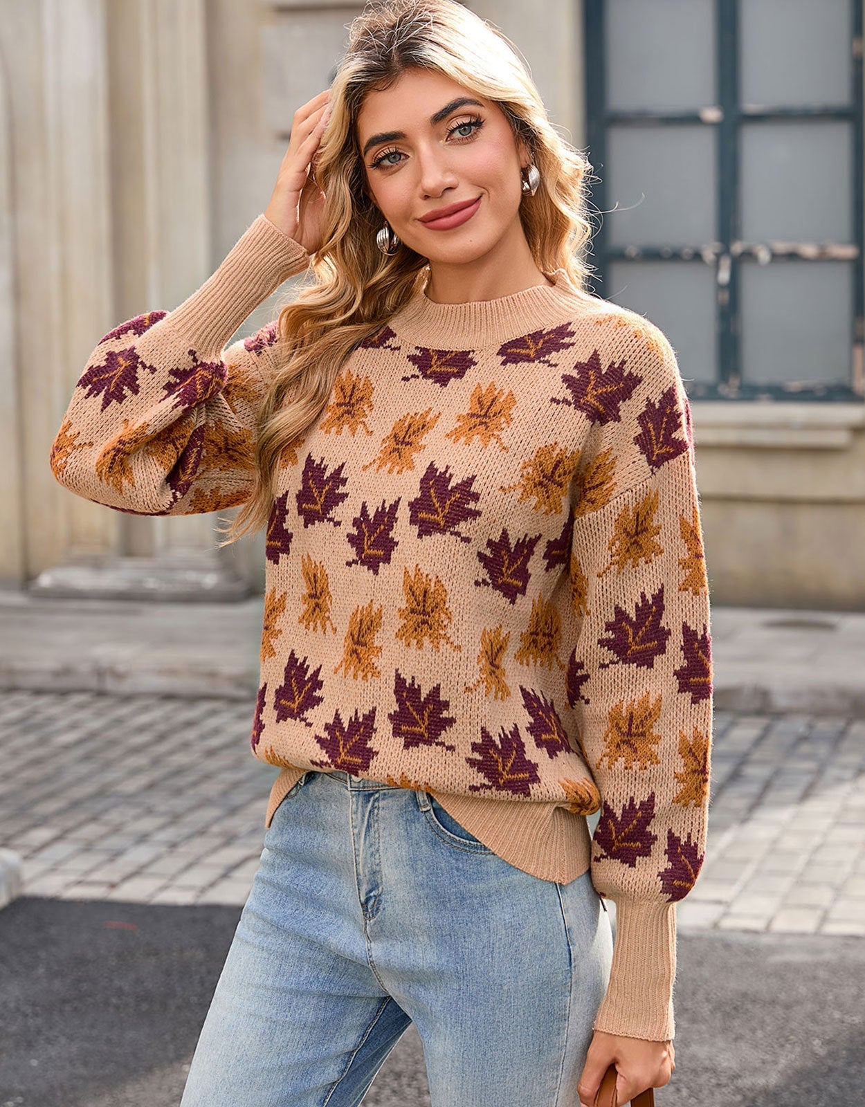Damen Strickpullover Herbstblätterdesign Eveloria