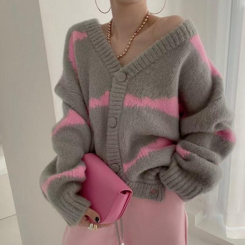 Damen Strickcardigan V-Ausschnitt Auffällige Knöpfe Beige