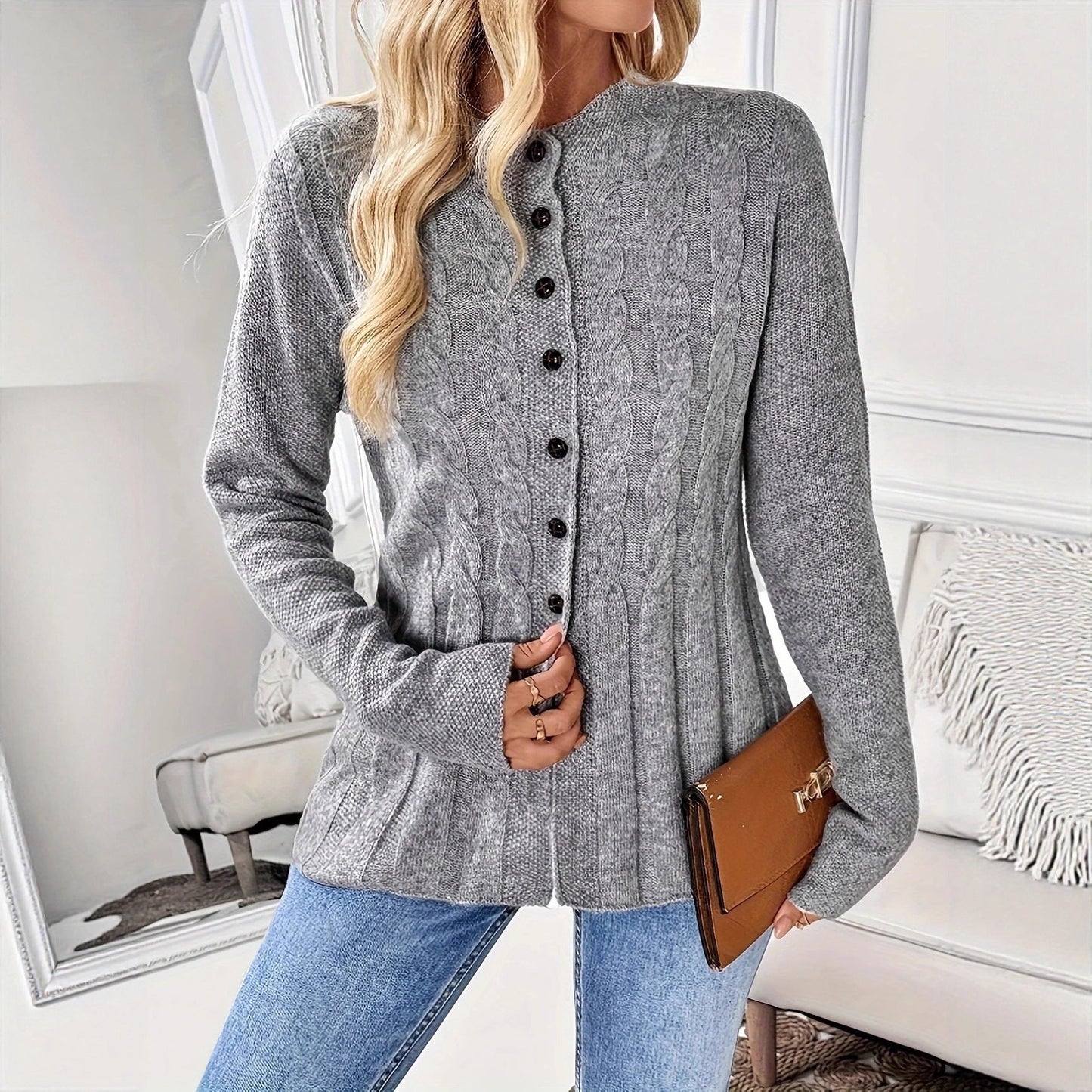Damen Strickjacke Kabelstrick Modern Knöpfe Beige - Eveloria