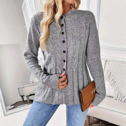 Damen Strickjacke Kabelstrick Modern Knöpfe Beige - Eveloria