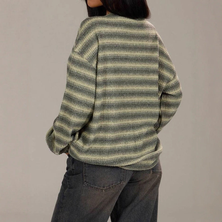 Damen Strickpullover Kuschelfleece Streifenmuster Beige