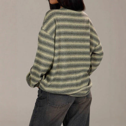 Damen Strickpullover Kuschelfleece Streifenmuster Beige