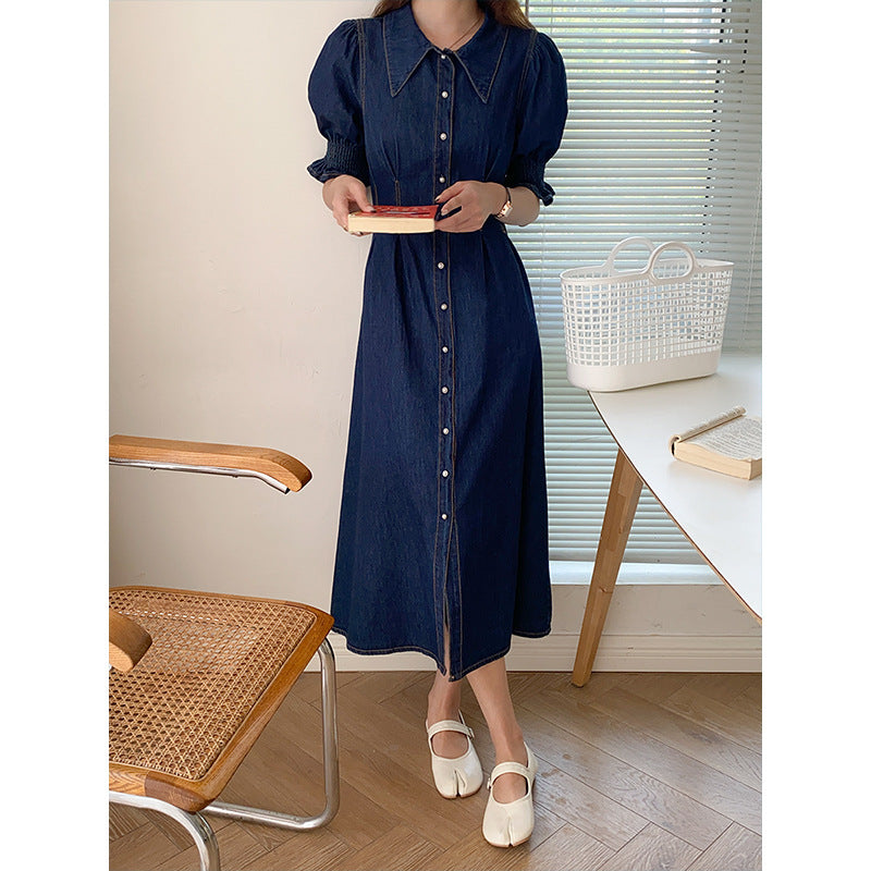 Damen Midikleid Denim Voluminöse Ärmel