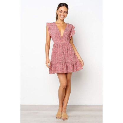 Damen Minikleid Sommer Rüschen V-Ausschnitt Eveloria