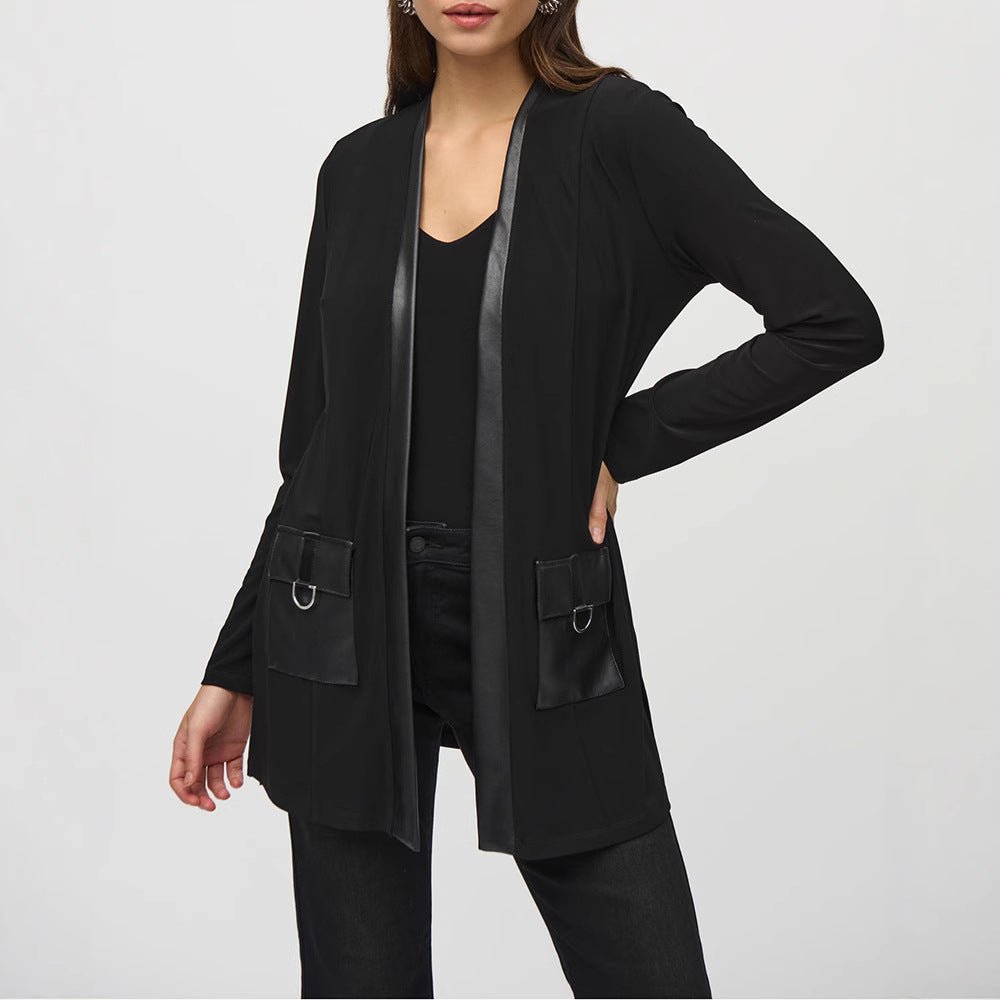 Damen Longjacke Lässig Vegan Lederoptik Schwarz - Eveloria