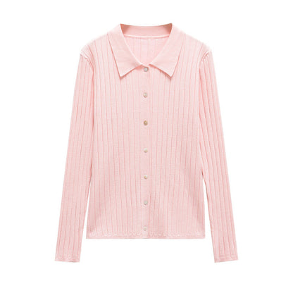 Damen Feinstrickbluse mit Kragen und Knöpfen Elegant Weiß