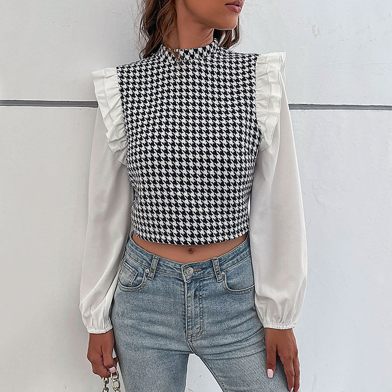 Damen Crop- Voluminöse Ärmel Karomuster