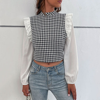 Damen Crop- Voluminöse Ärmel Karomuster