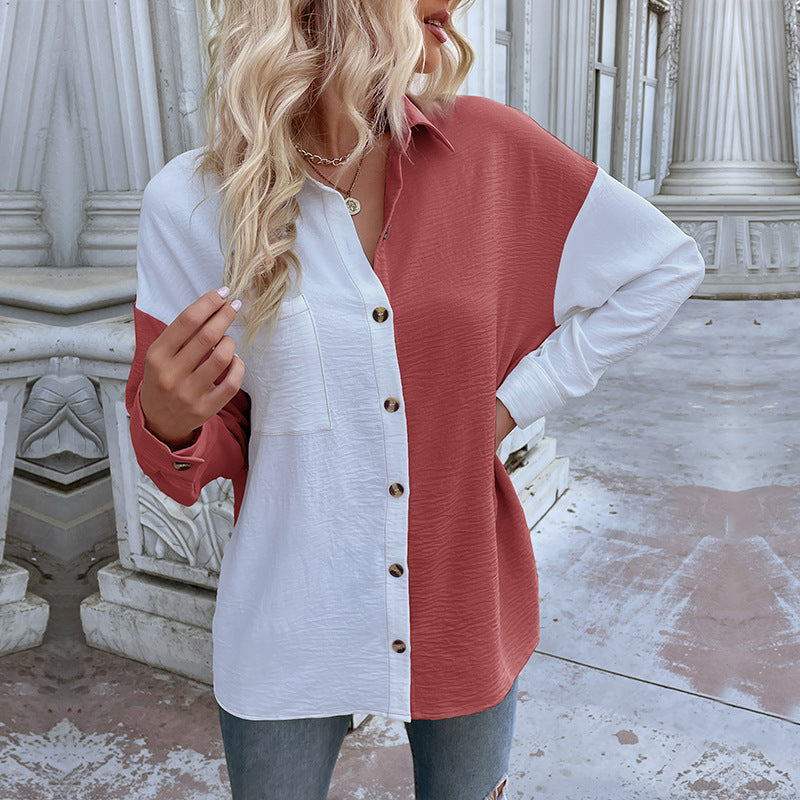 Damen Oversized Blusenhemd 2-Farb-Design Knopfdetails