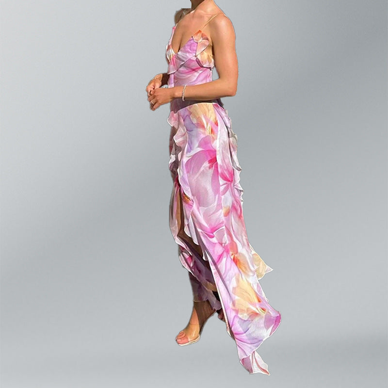 Damen Maxikleid Florale Rüschen Elegantem Schlitz
