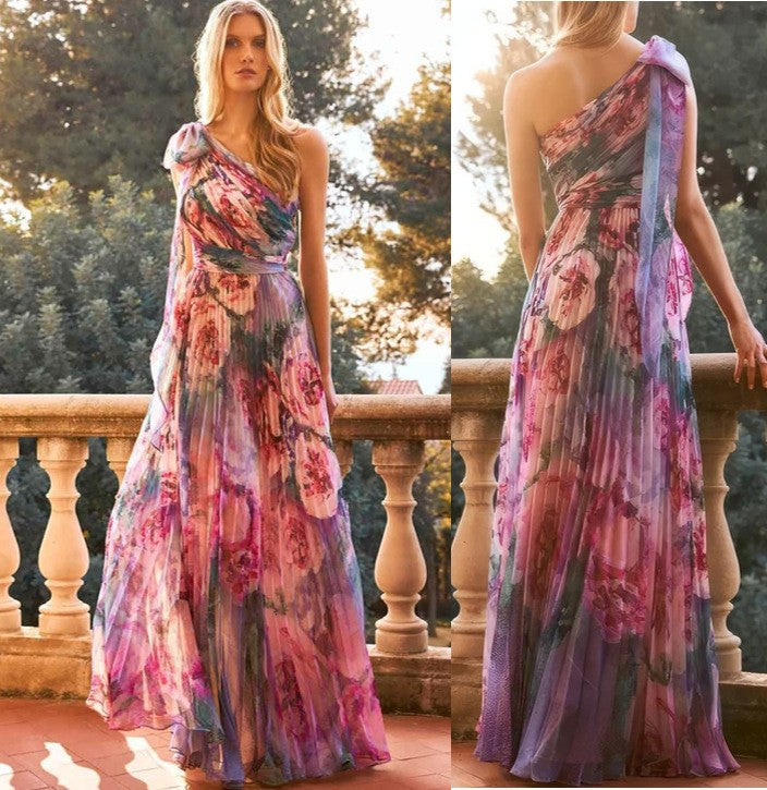 Damen Schulterfreies Maxikleid Floralmuster Faltenrock