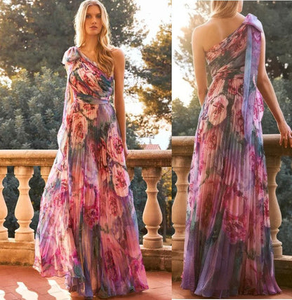 Damen Schulterfreies Maxikleid Floralmuster Faltenrock
