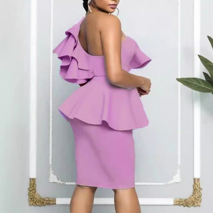 Damen Peplum-Kleid Figurnah Asymmetrischer Ausschnitt Rüschen