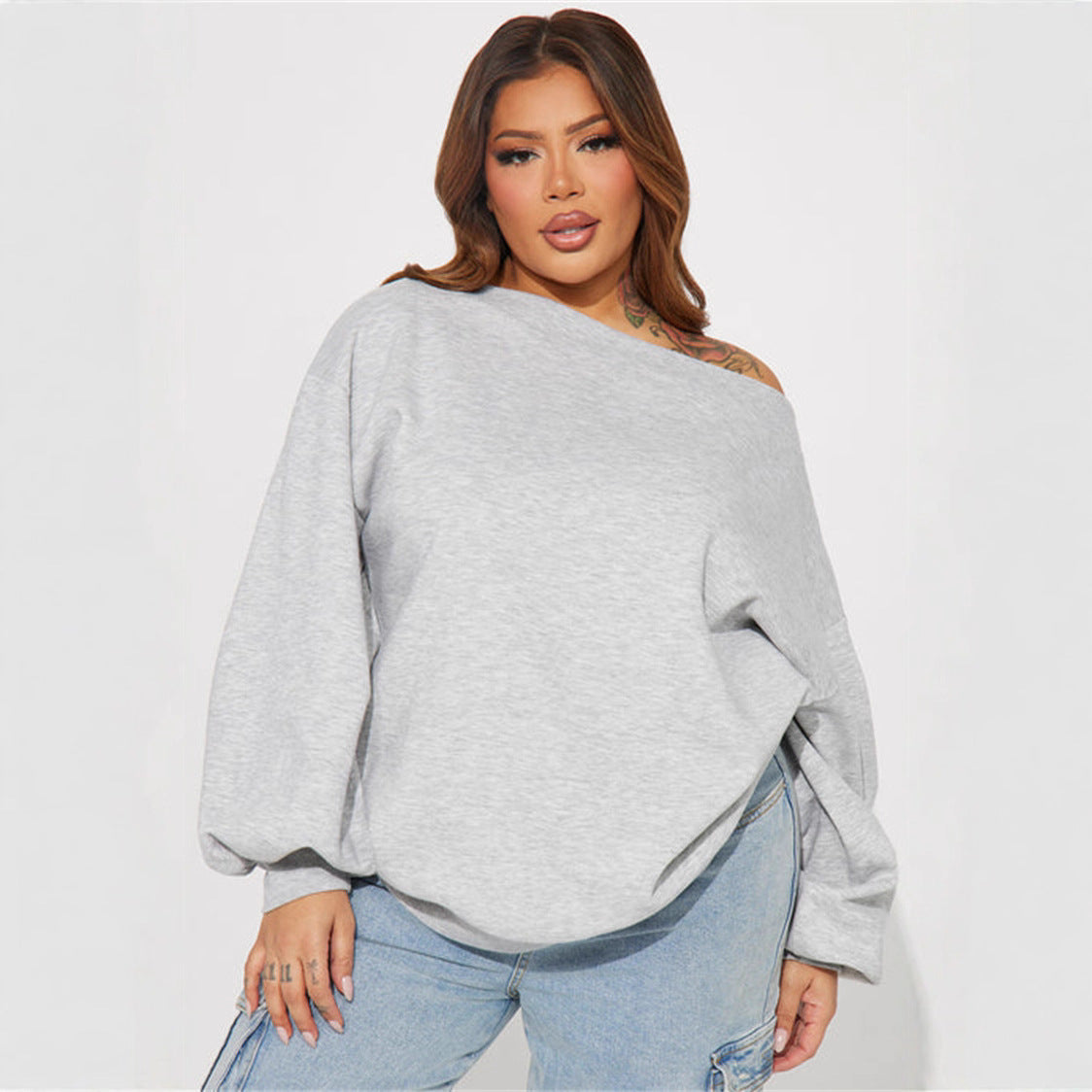 Damen Oversized Sweatshirt Asymmetrischer Ausschnitt Ballonärmel Grau