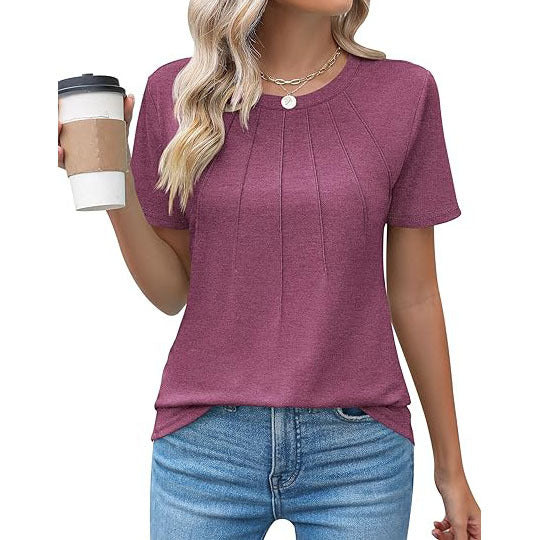 Eveloria Damen Rundhals T-Shirt Plissee Weiss