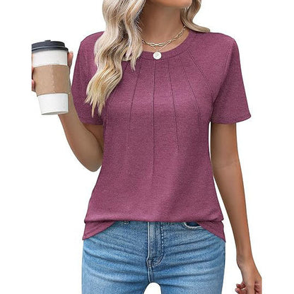 Eveloria Damen Rundhals T-Shirt Plissee Weiss
