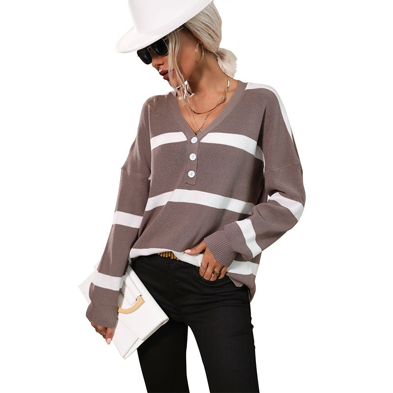 Damen Strickpullover V-Ausschnitt Knöpfe Beige Eveloria