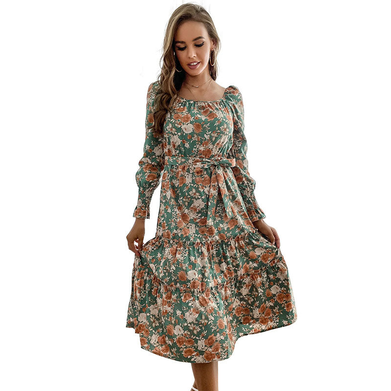 Damen Maxikleid Florale Rüschendetails Elegantes Bindeband