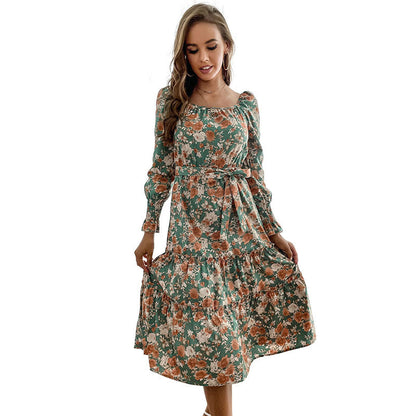 Damen Maxikleid Florale Rüschendetails Elegantes Bindeband