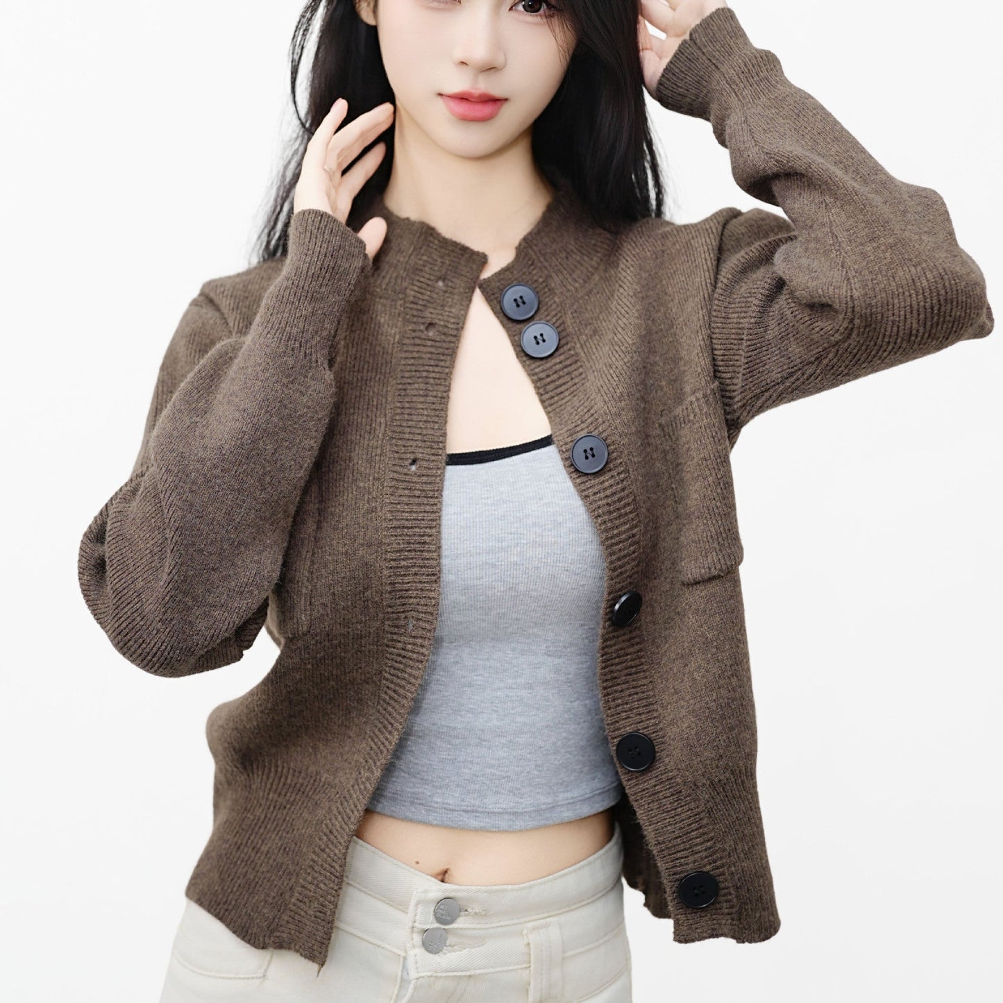 Damen Strickcardigan mit Knöpfen und aufgesetzter Tasche