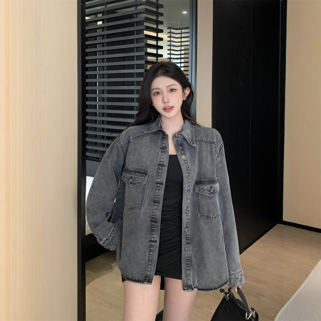 Damen Denim-Hemdjacke Lässig mit großen Taschen Blau Eveloria