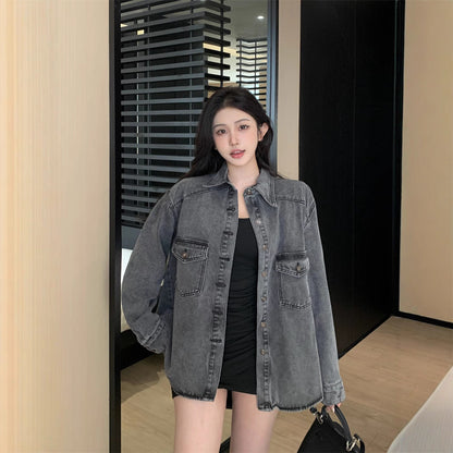 Damen Denim-Hemdjacke Lässig mit großen Taschen Blau Eveloria