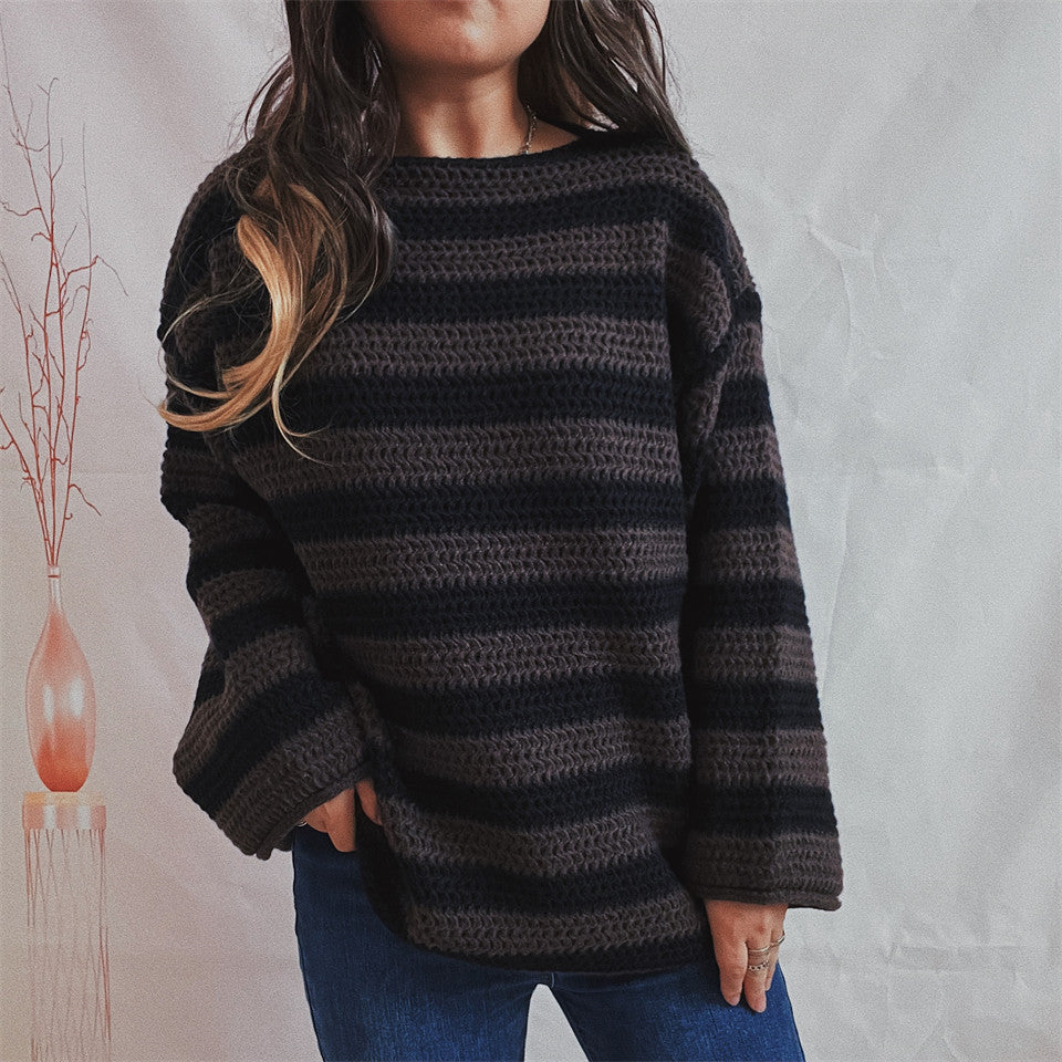 Damen Oversized-Pullover Gestrickt Breites Streifenmuster