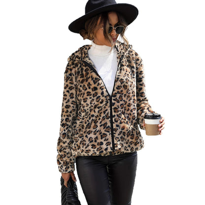Damen Fleecejacke Leopardenmuster Reißverschluss