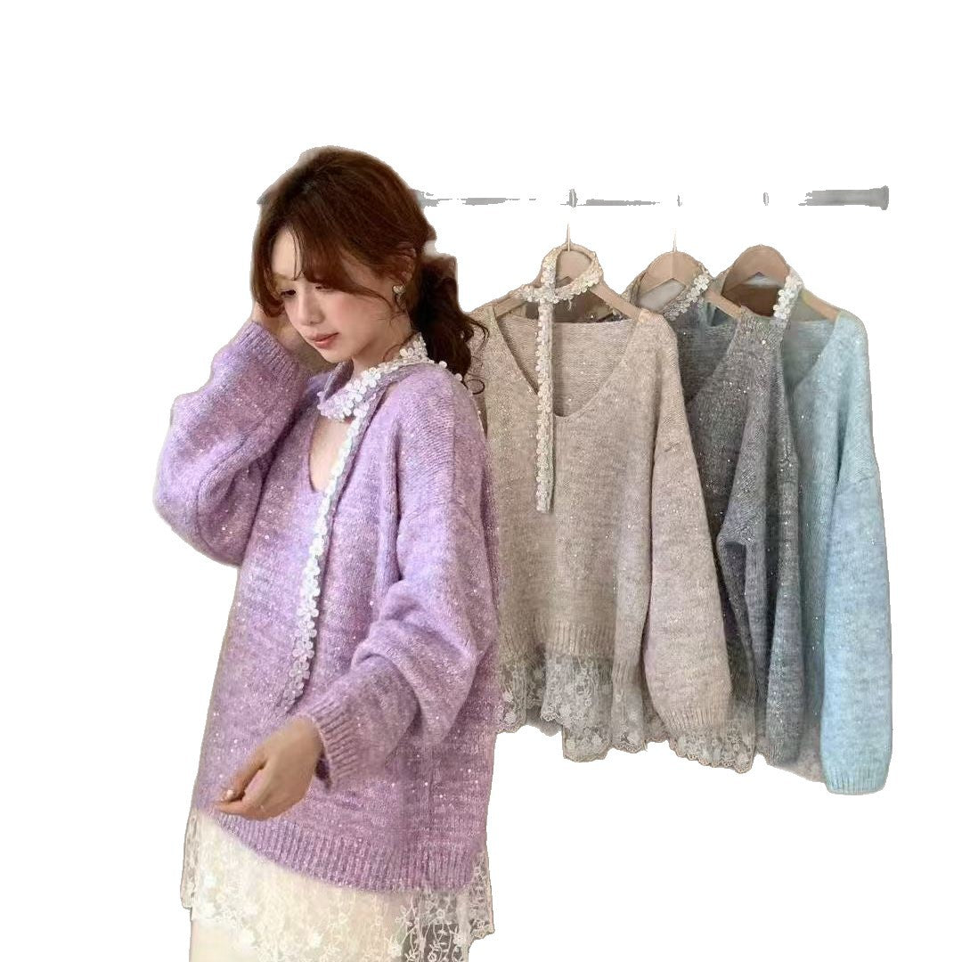 Damen Strickpullover Spitzenunterteil Elegantes Design