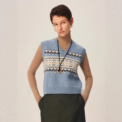 Damen Strickpullover V-Ausschnitt Geometrisches Muster Eveloria