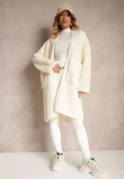 Damen Oversized Strickjacke V-Ausschnitt Taschen Beige