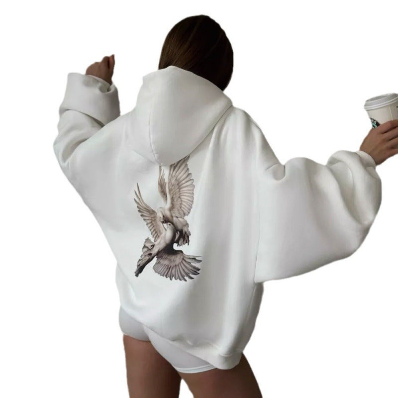 Damen Kapuzensweater Vogelmotiv Entspannter Schnitt