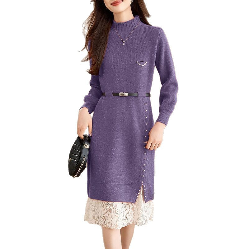 Damen Strickkleid Perlendetails Eleganter Gürtel